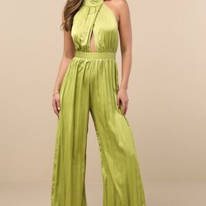 Lulus Confident Impression Lime Green Satin Pleated Halter Jumpsuit - Size XS